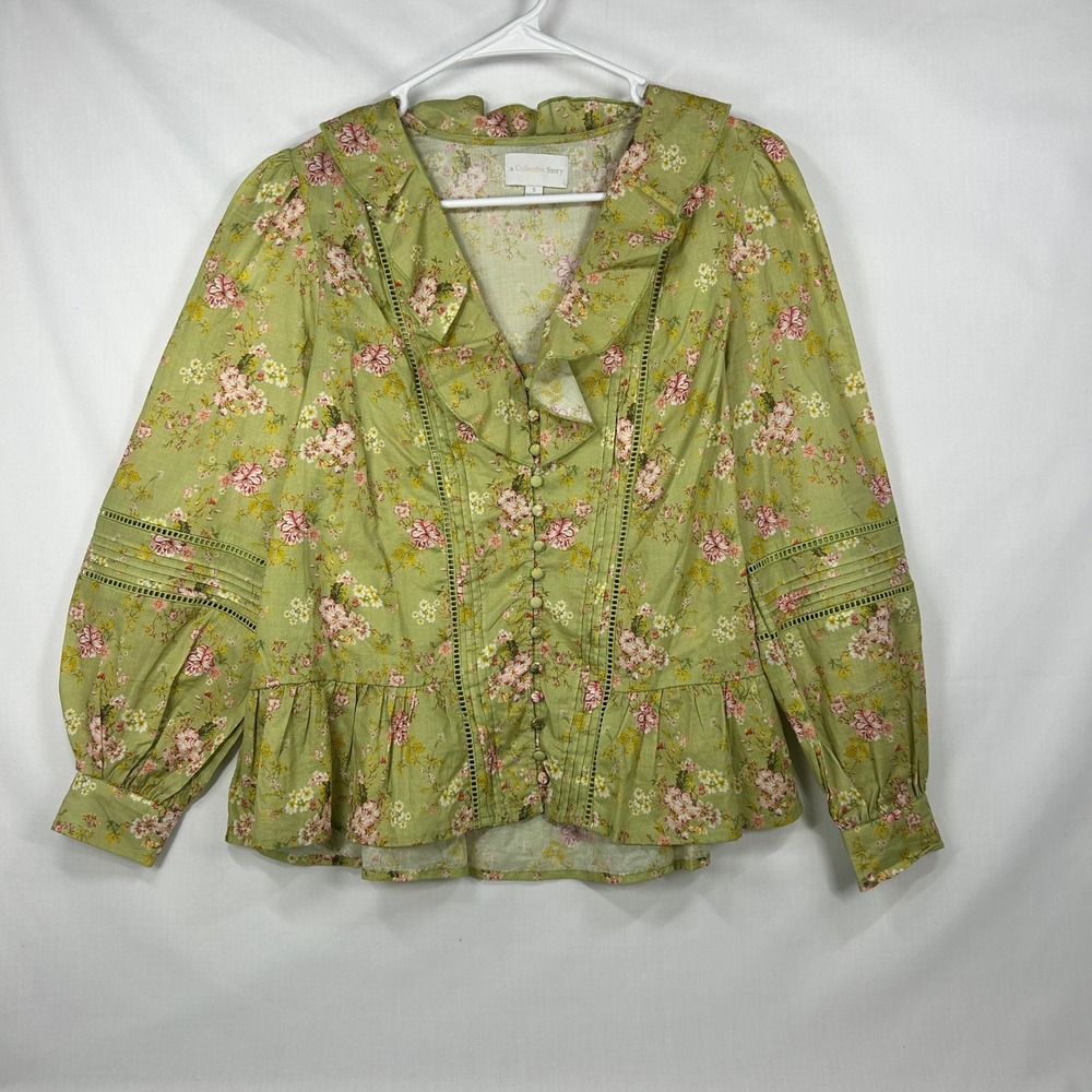 a Collective Story Green Floral Ruffle Peplum Cotton Blouse – Size Small